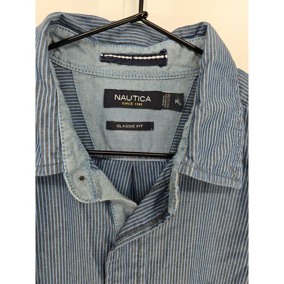 Nautica Mens M Long sleeve Button Up Classic Fit Dress Shirt Slate Blue Striped - Picture 2 of 5
